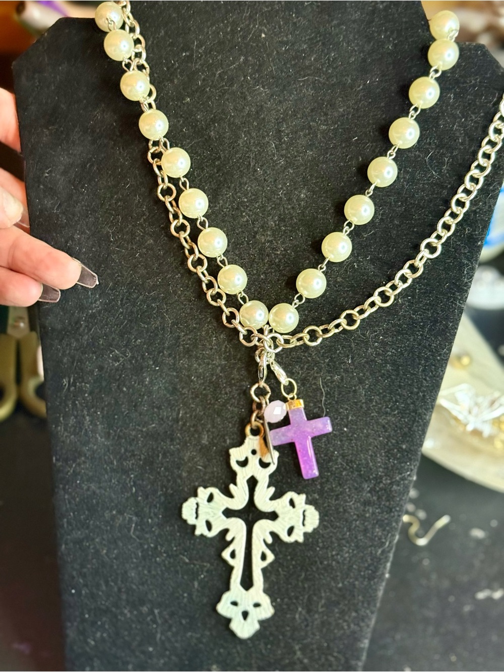 Pearl and Gold-Tone Layered Necklace with Purple Cross Charm